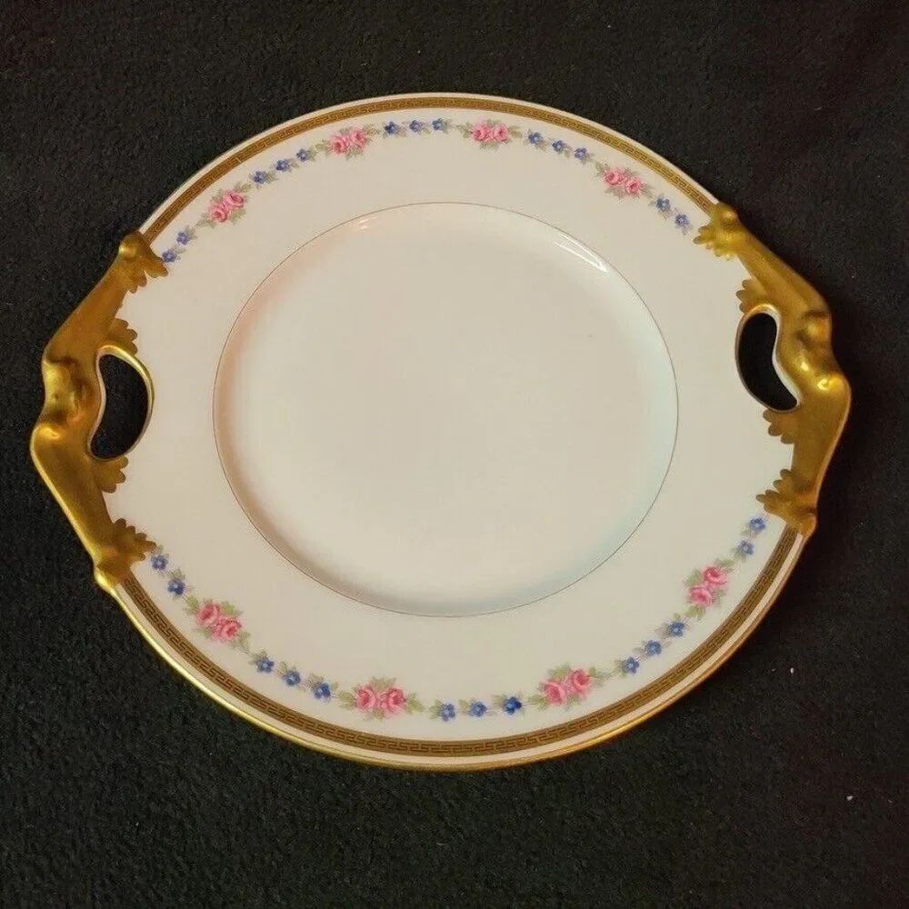 Vintage France Limoges Platter Pink Serving Dish Blue Gold Trim Handles